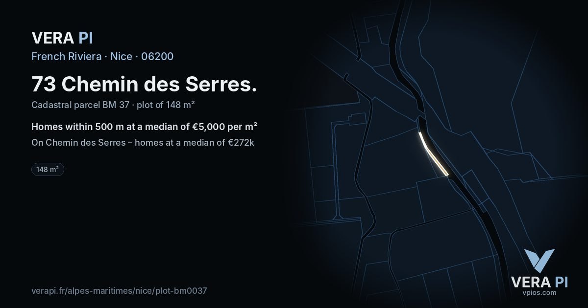 73 Chemin des Serres, Nice at night – the plot lit, the parcels around coloured by the prices near them