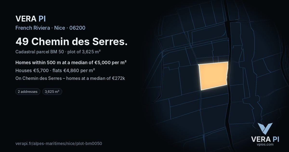 49 Chemin des Serres, Nice at night – the plot lit, the parcels around coloured by the prices near them