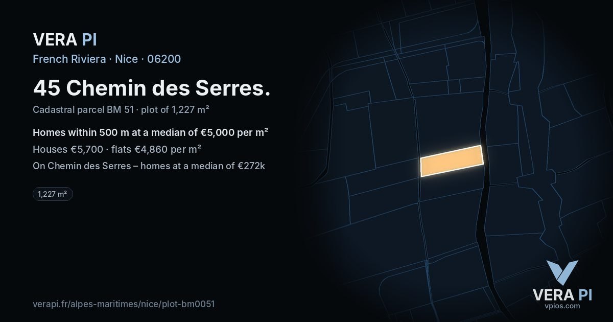 45 Chemin des Serres, Nice at night – the plot lit, the parcels around coloured by the prices near them