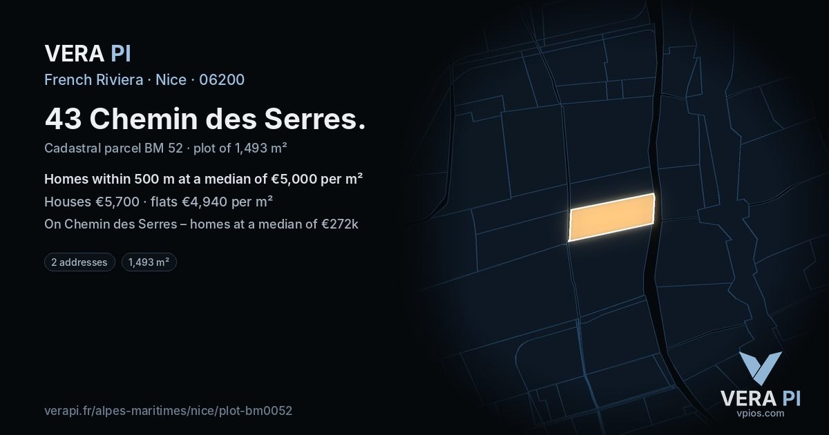 43 Chemin des Serres, Nice at night – the plot lit, the parcels around coloured by the prices near them