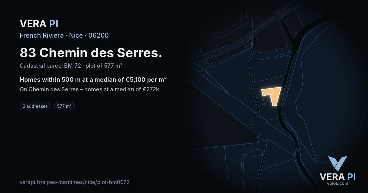83 Chemin des Serres, Nice at night – the plot lit, the parcels around coloured by the prices near them