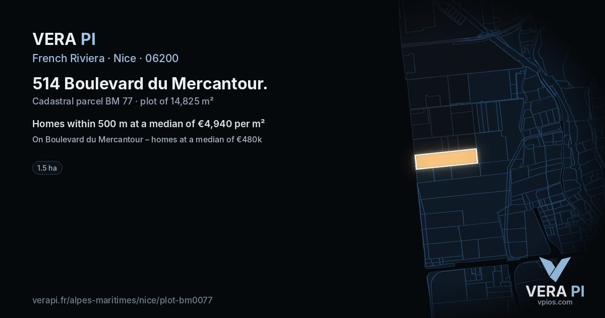 514 Boulevard du Mercantour, Nice at night – the plot lit, the parcels around coloured by the prices near them