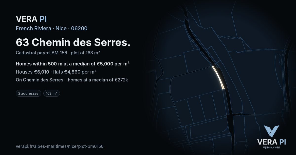 63 Chemin des Serres, Nice at night – the plot lit, the parcels around coloured by the prices near them