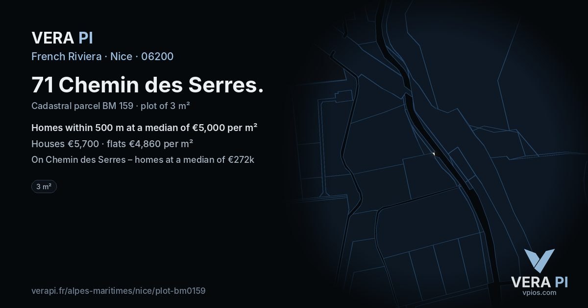 71 Chemin des Serres, Nice at night – the plot lit, the parcels around coloured by the prices near them