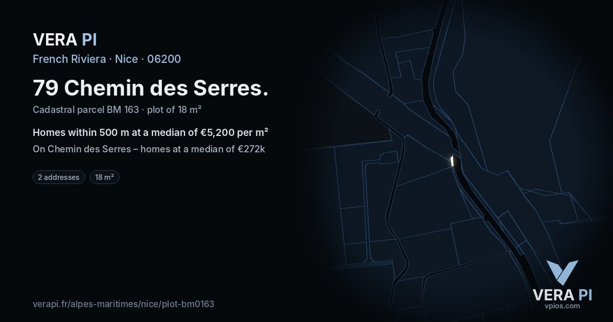 79 Chemin des Serres, Nice at night – the plot lit, the parcels around coloured by the prices near them