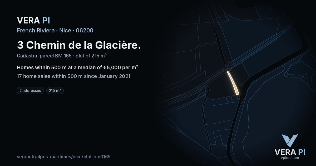3 Chemin de la Glacière, Nice at night – the plot lit, the parcels around coloured by the prices near them