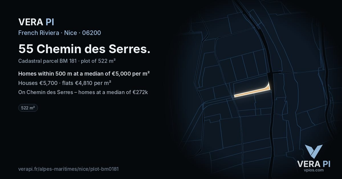55 Chemin des Serres, Nice at night – the plot lit, the parcels around coloured by the prices near them