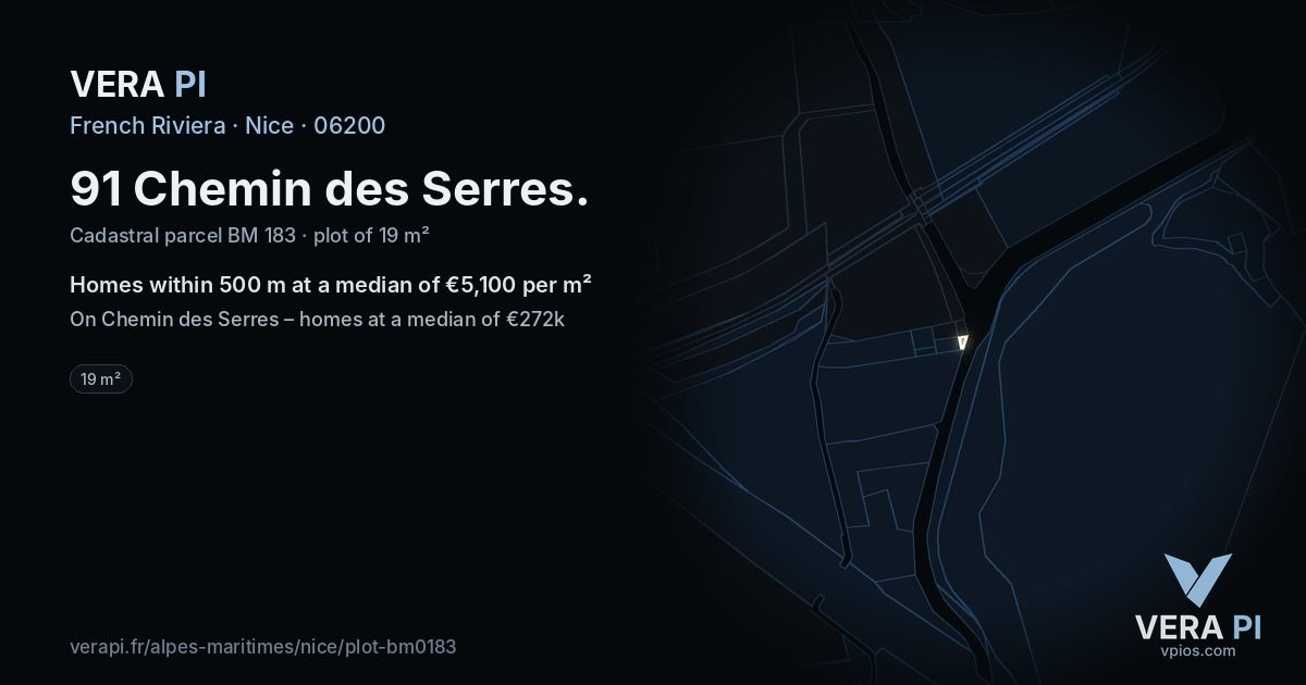 91 Chemin des Serres, Nice at night – the plot lit, the parcels around coloured by the prices near them