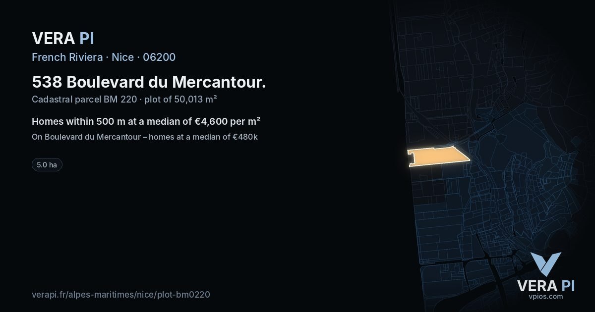 538 Boulevard du Mercantour, Nice at night – the plot lit, the parcels around coloured by the prices near them