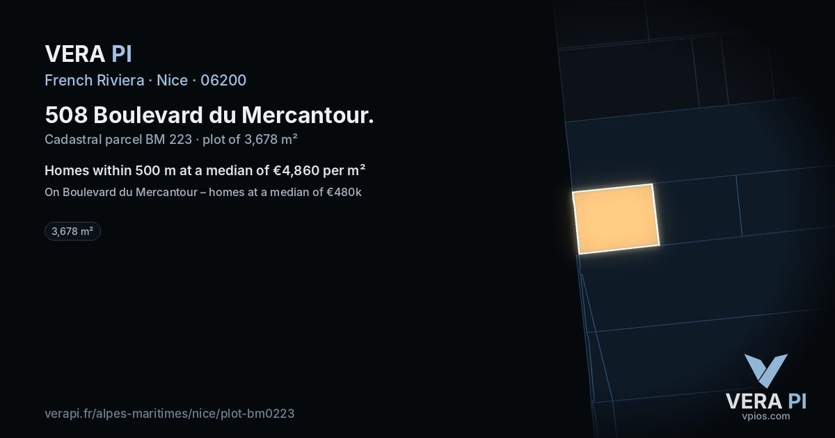 508 Boulevard du Mercantour, Nice at night – the plot lit, the parcels around coloured by the prices near them