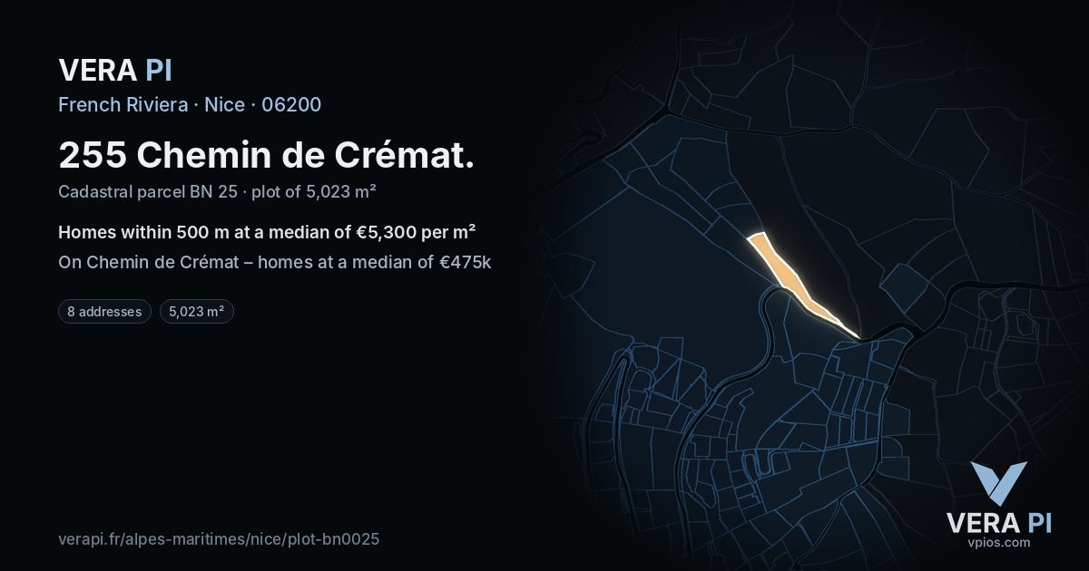 255 Chemin de Crémat, Nice at night – the plot lit, the parcels around coloured by the prices near them