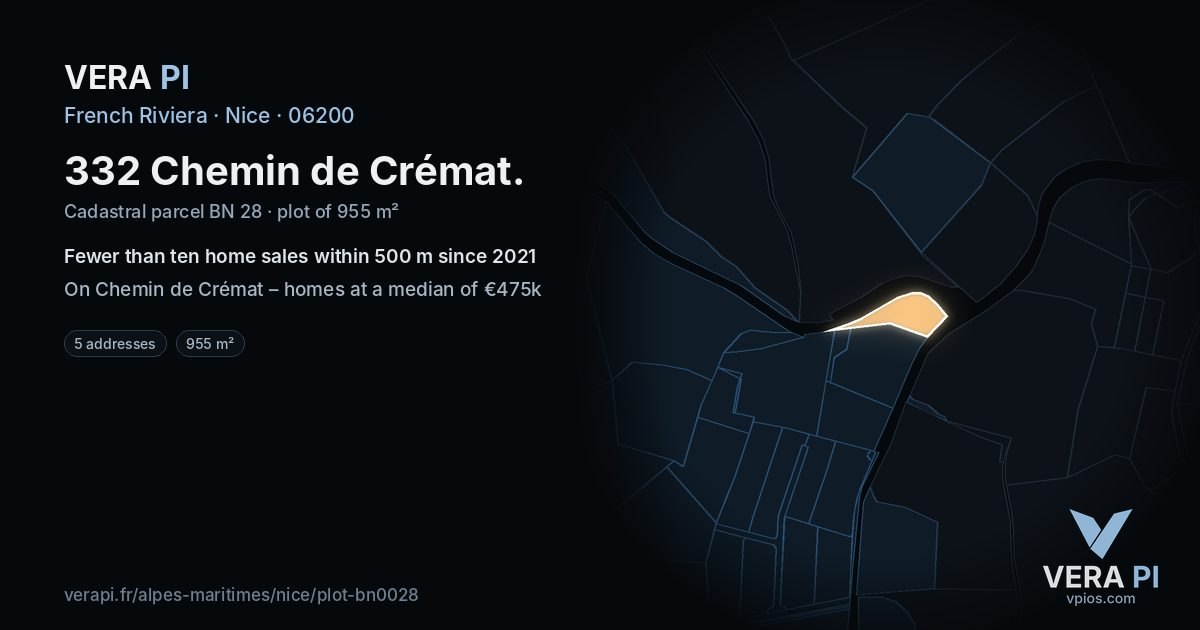 332 Chemin de Crémat, Nice at night – the plot lit, the parcels around coloured by the prices near them
