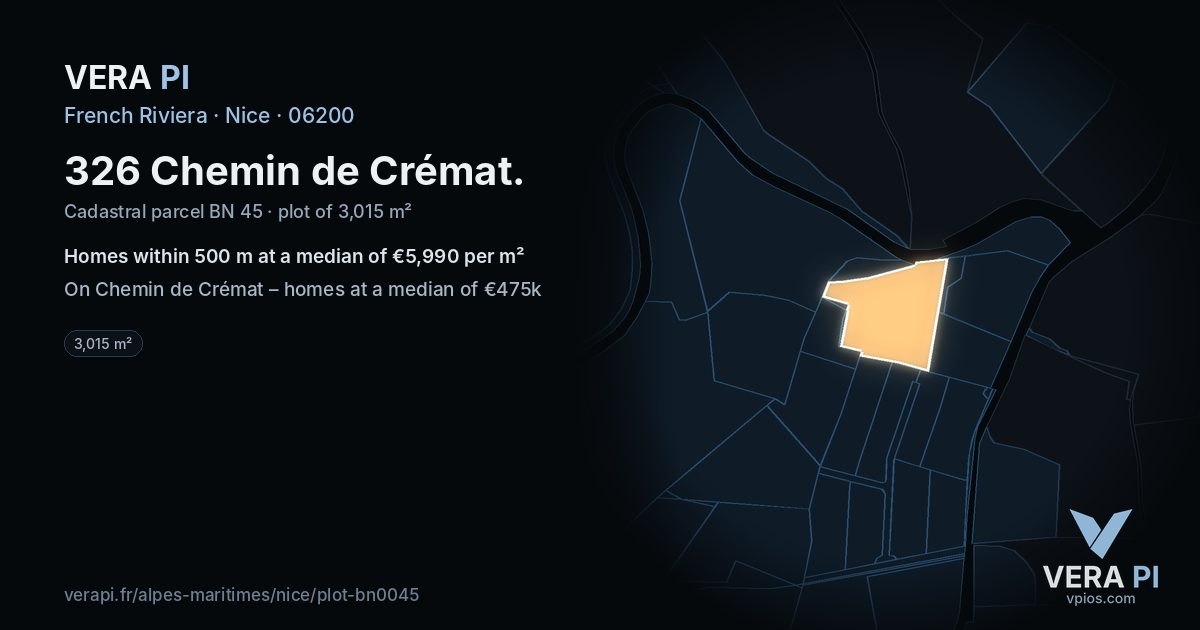 326 Chemin de Crémat, Nice at night – the plot lit, the parcels around coloured by the prices near them