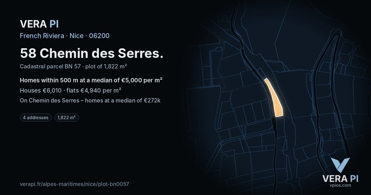 58 Chemin des Serres, Nice at night – the plot lit, the parcels around coloured by the prices near them