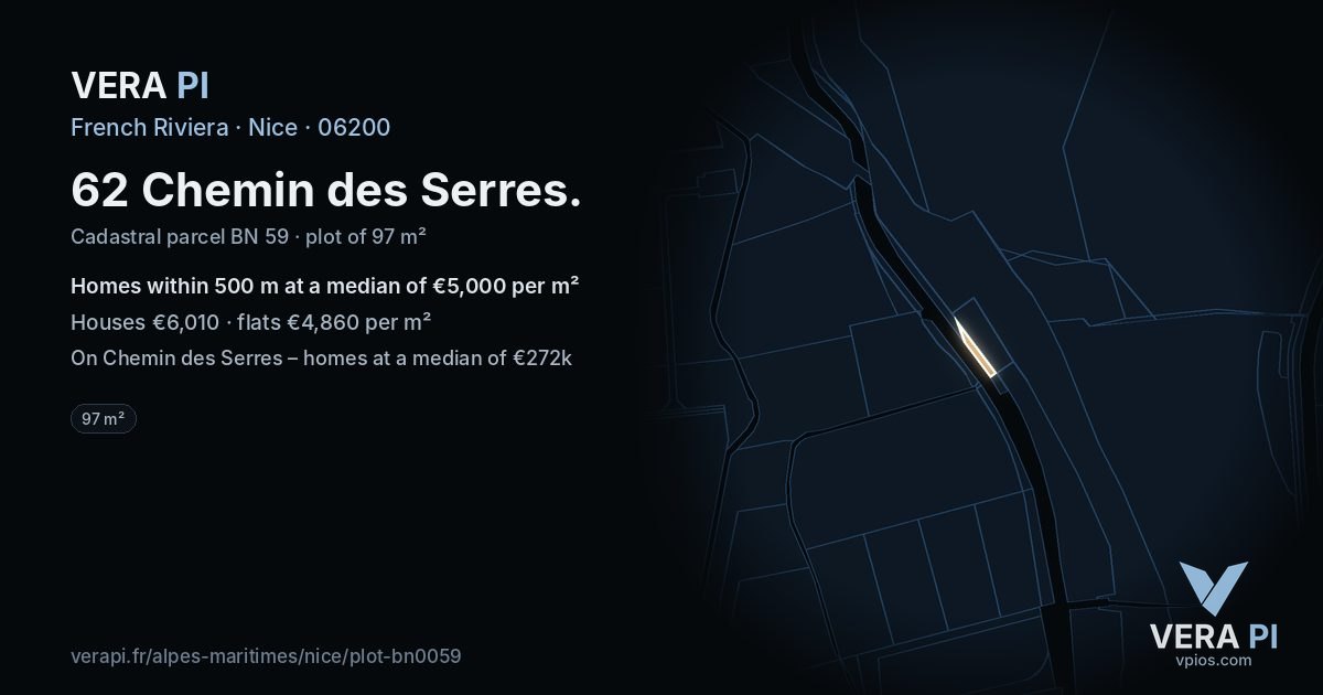 62 Chemin des Serres, Nice at night – the plot lit, the parcels around coloured by the prices near them
