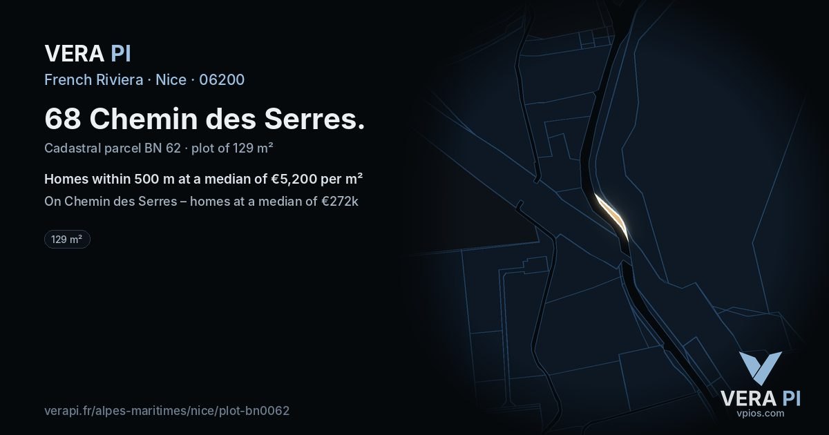 68 Chemin des Serres, Nice at night – the plot lit, the parcels around coloured by the prices near them