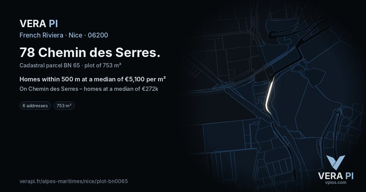 78 Chemin des Serres, Nice at night – the plot lit, the parcels around coloured by the prices near them