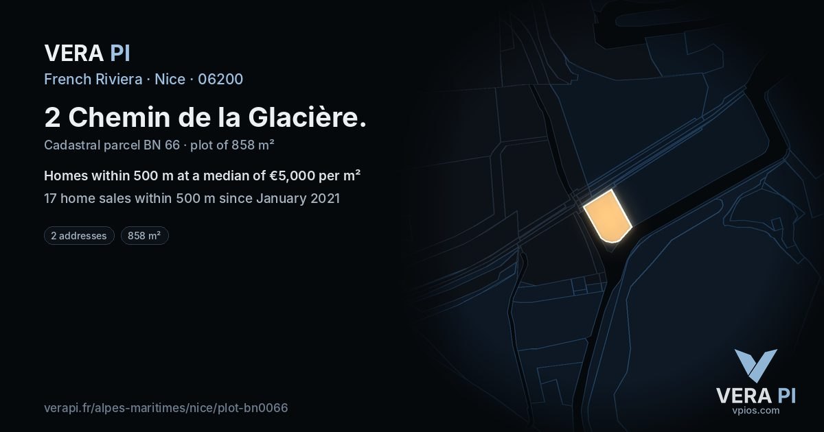 2 Chemin de la Glacière, Nice at night – the plot lit, the parcels around coloured by the prices near them