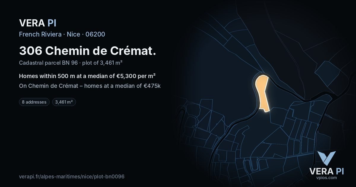 306 Chemin de Crémat, Nice at night – the plot lit, the parcels around coloured by the prices near them