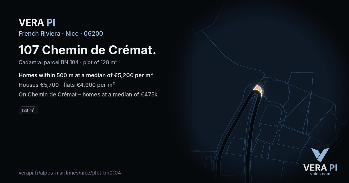107 Chemin de Crémat, Nice at night – the plot lit, the parcels around coloured by the prices near them