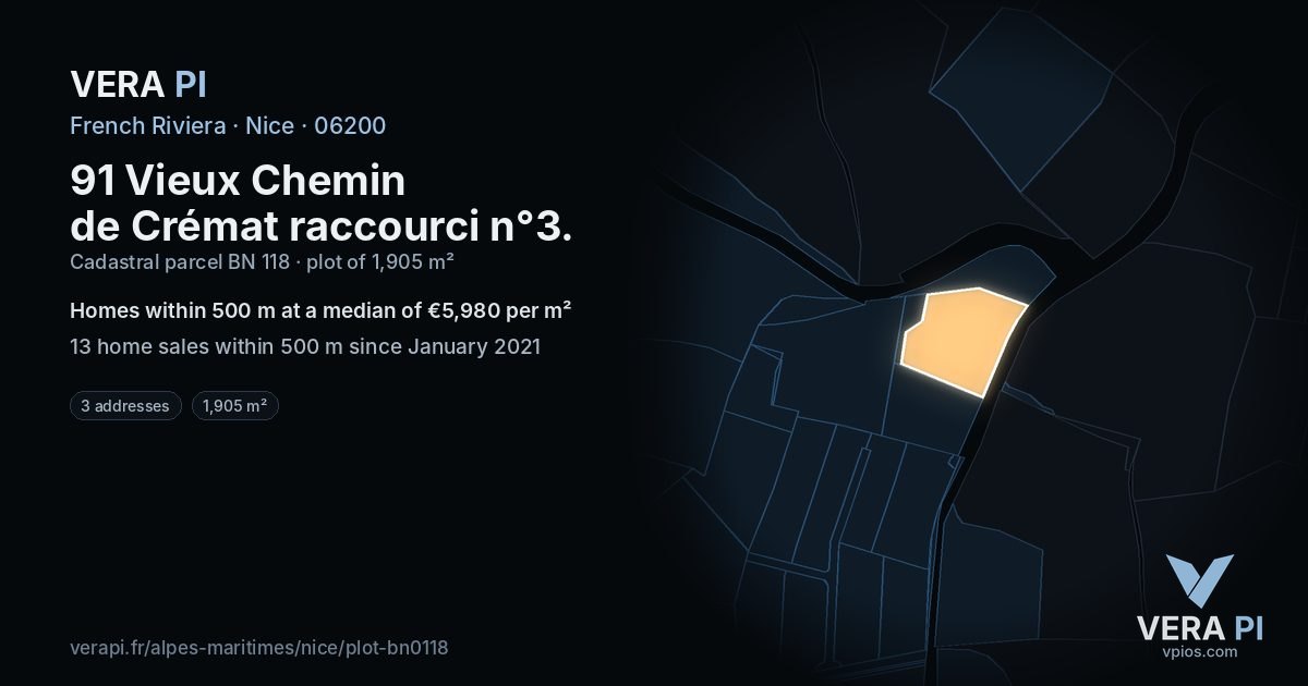91 Vieux Chemin de Crémat raccourci n°3, Nice at night – the plot lit, the parcels around coloured by the prices near them