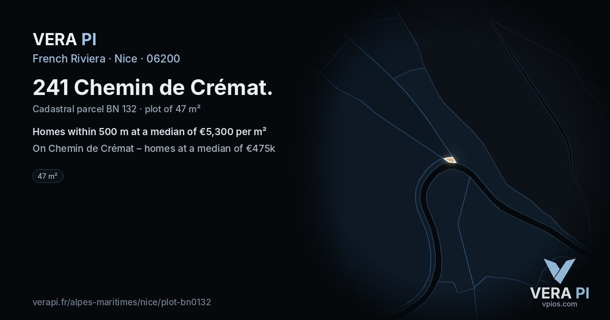 241 Chemin de Crémat, Nice at night – the plot lit, the parcels around coloured by the prices near them