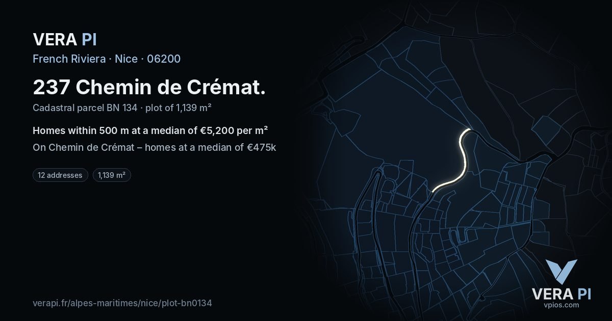 237 Chemin de Crémat, Nice at night – the plot lit, the parcels around coloured by the prices near them