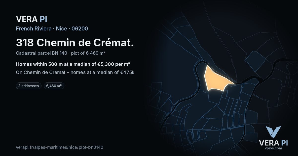 318 Chemin de Crémat, Nice at night – the plot lit, the parcels around coloured by the prices near them