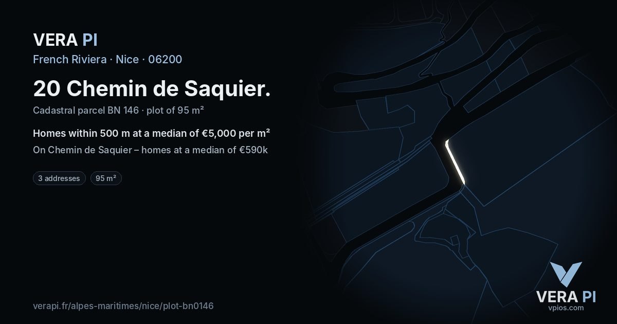 20 Chemin de Saquier, Nice at night – the plot lit, the parcels around coloured by the prices near them
