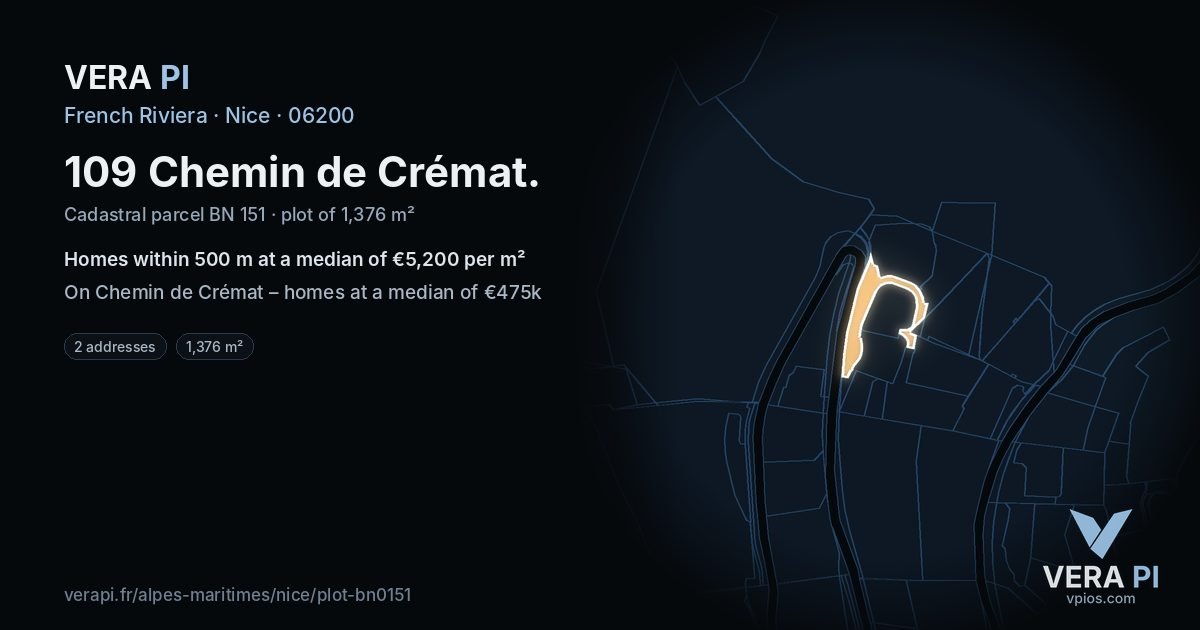 109 Chemin de Crémat, Nice at night – the plot lit, the parcels around coloured by the prices near them