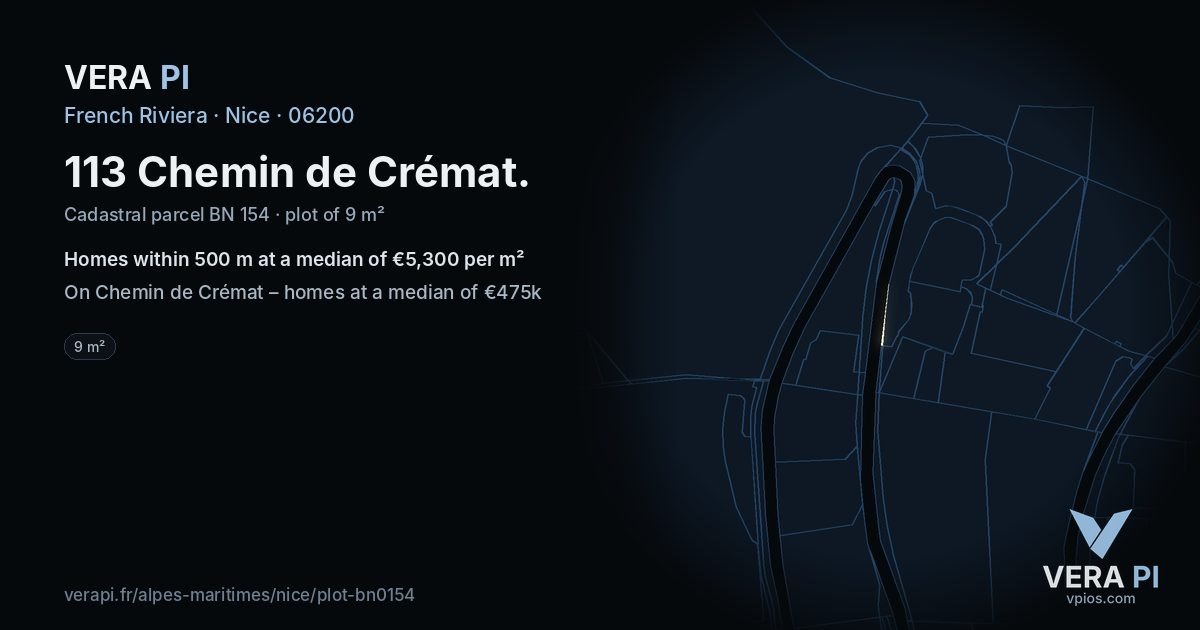 113 Chemin de Crémat, Nice at night – the plot lit, the parcels around coloured by the prices near them