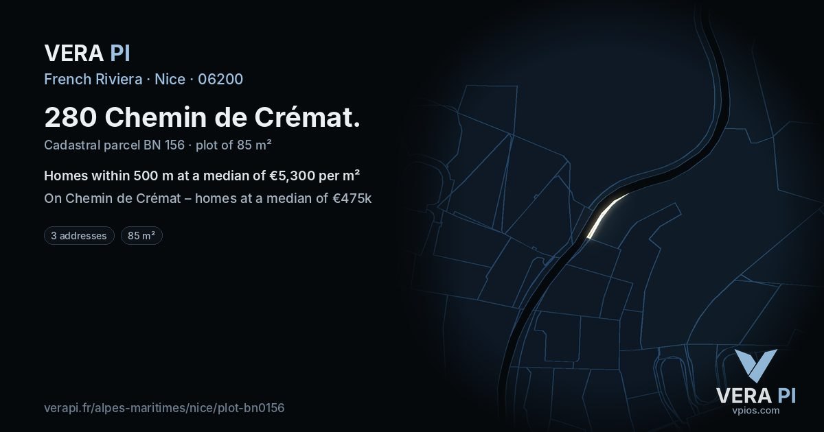 280 Chemin de Crémat, Nice at night – the plot lit, the parcels around coloured by the prices near them