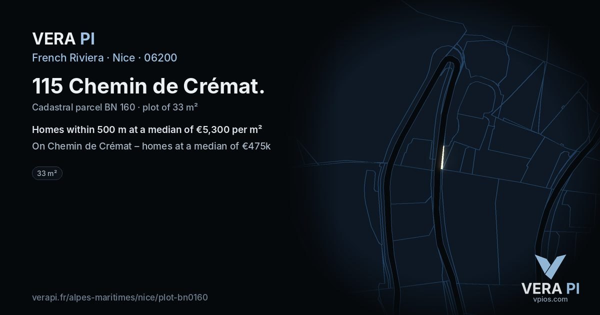 115 Chemin de Crémat, Nice at night – the plot lit, the parcels around coloured by the prices near them