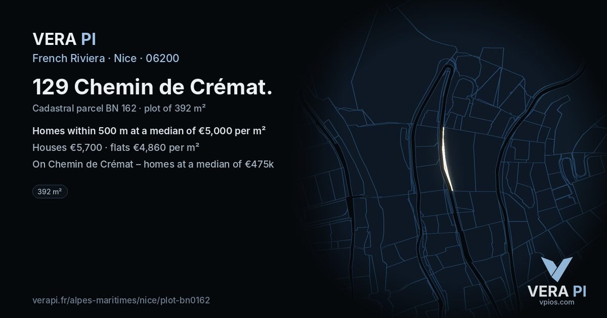129 Chemin de Crémat, Nice at night – the plot lit, the parcels around coloured by the prices near them