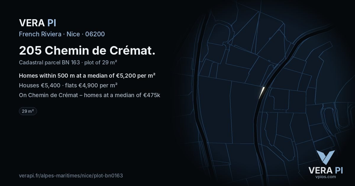 205 Chemin de Crémat, Nice at night – the plot lit, the parcels around coloured by the prices near them