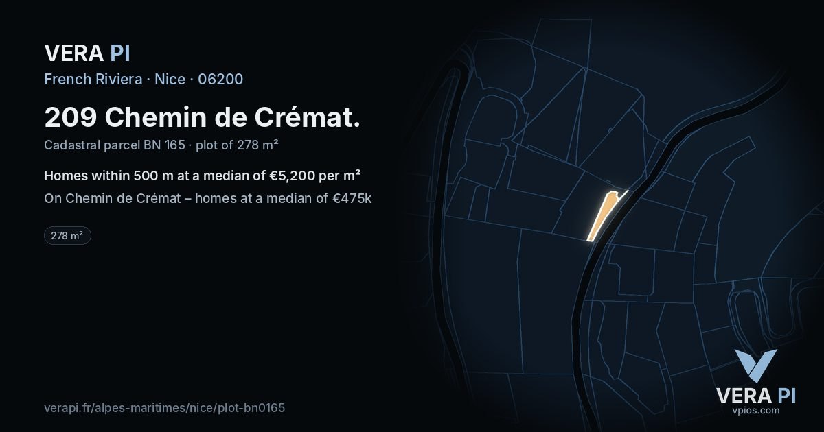 209 Chemin de Crémat, Nice at night – the plot lit, the parcels around coloured by the prices near them