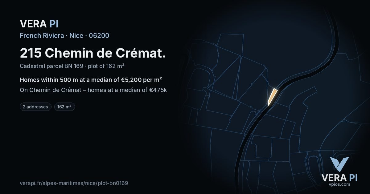 215 Chemin de Crémat, Nice at night – the plot lit, the parcels around coloured by the prices near them
