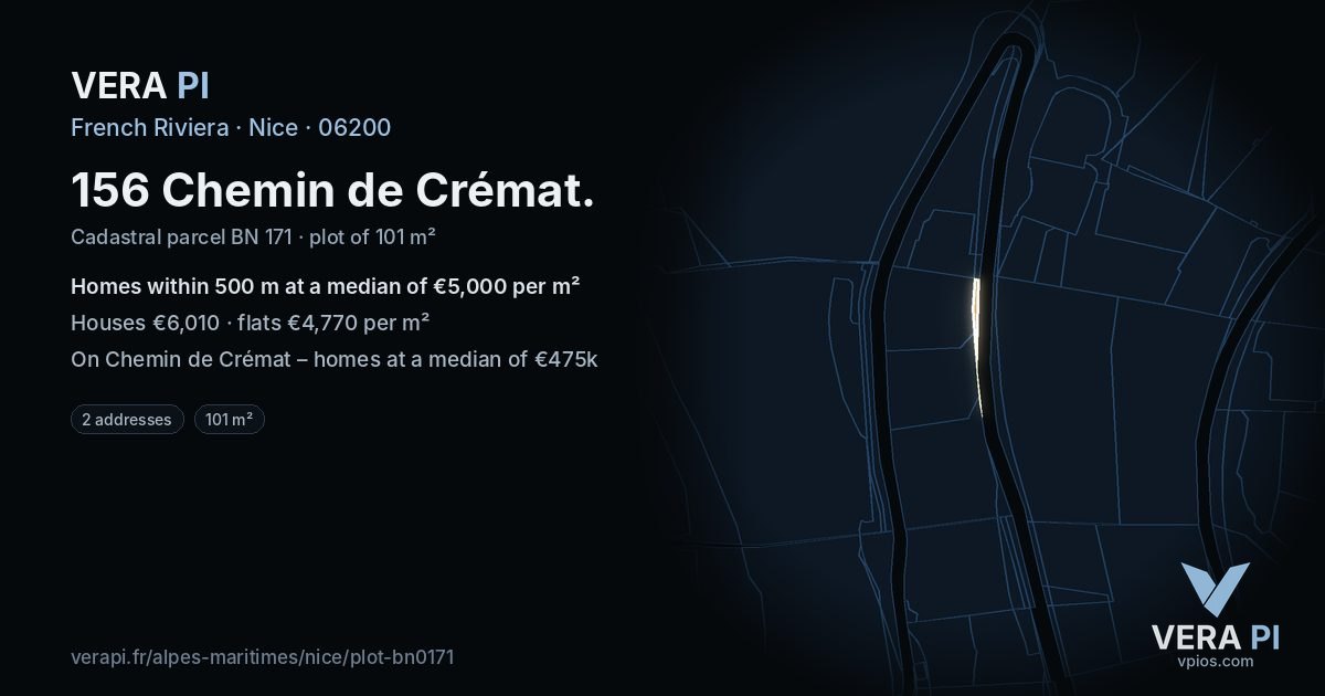 156 Chemin de Crémat, Nice at night – the plot lit, the parcels around coloured by the prices near them
