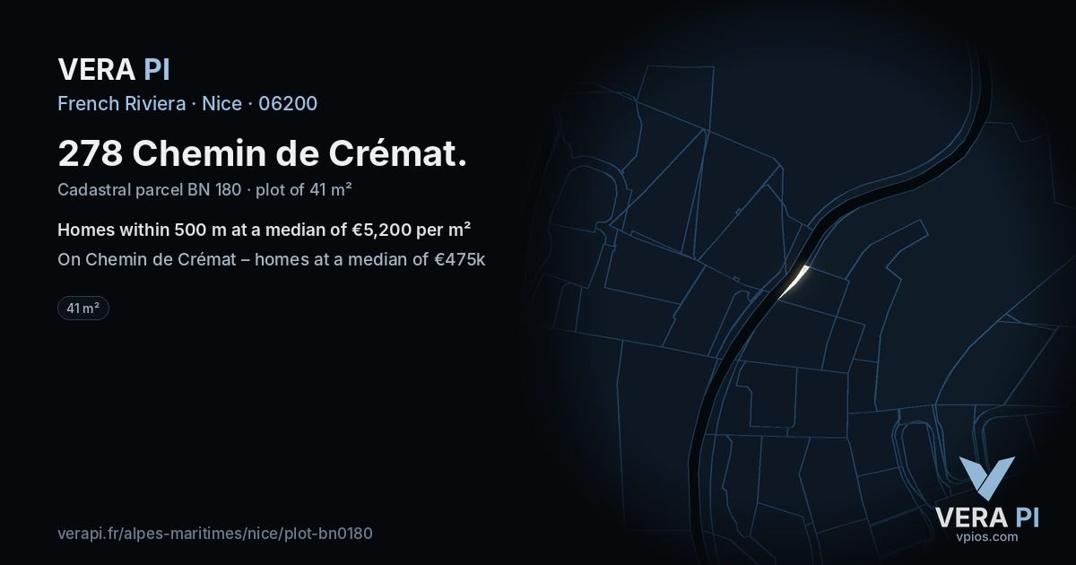 278 Chemin de Crémat, Nice at night – the plot lit, the parcels around coloured by the prices near them