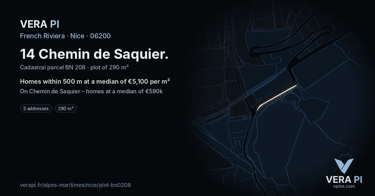 14 Chemin de Saquier, Nice at night – the plot lit, the parcels around coloured by the prices near them