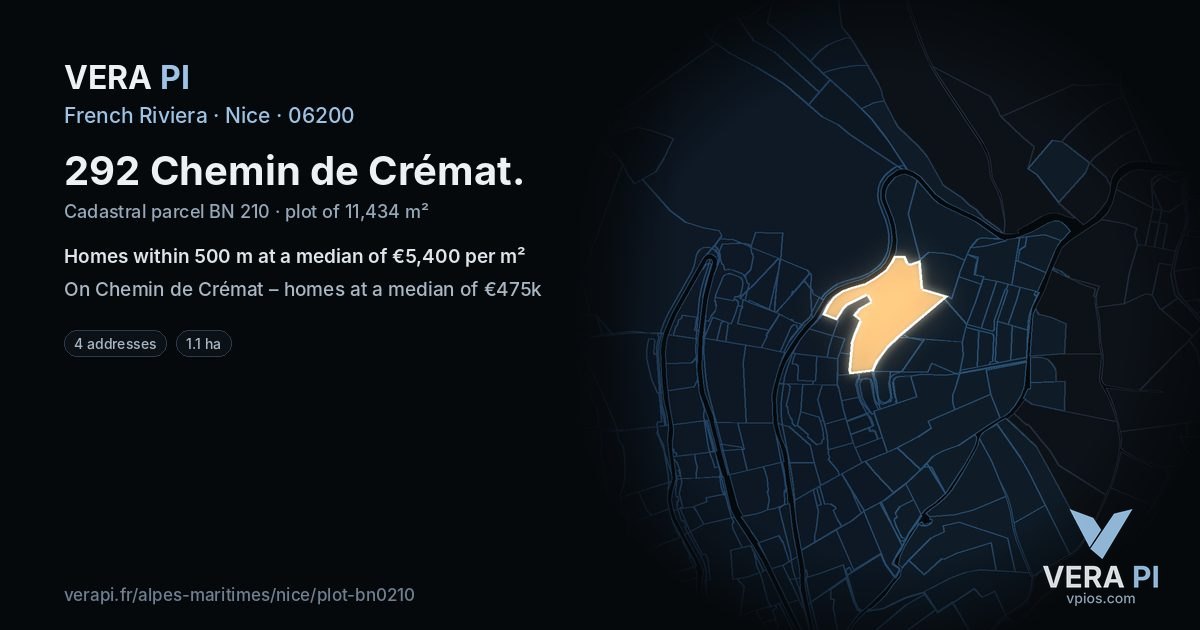 292 Chemin de Crémat, Nice at night – the plot lit, the parcels around coloured by the prices near them