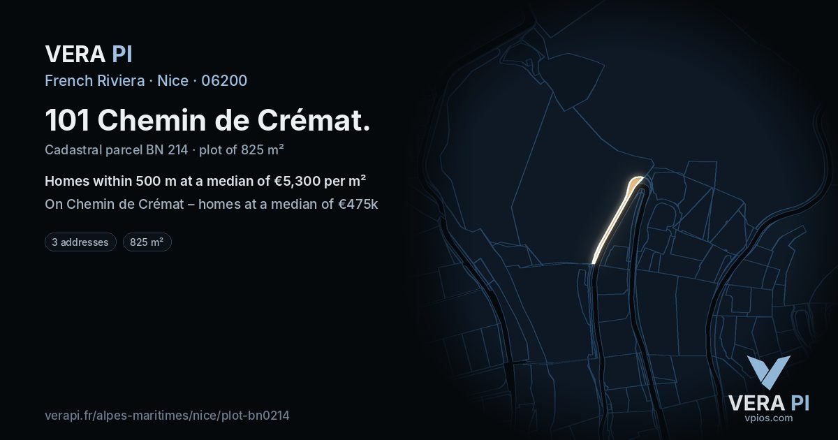 101 Chemin de Crémat, Nice at night – the plot lit, the parcels around coloured by the prices near them