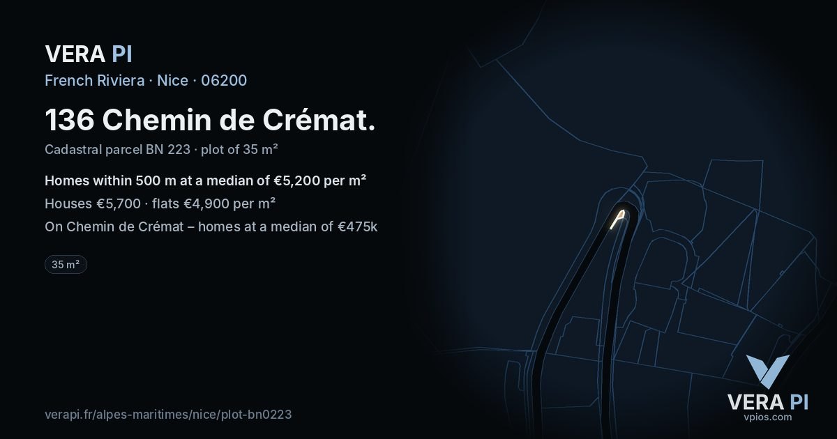 136 Chemin de Crémat, Nice at night – the plot lit, the parcels around coloured by the prices near them