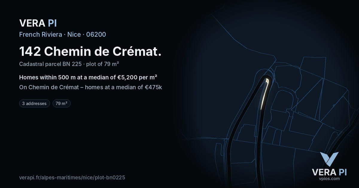 142 Chemin de Crémat, Nice at night – the plot lit, the parcels around coloured by the prices near them