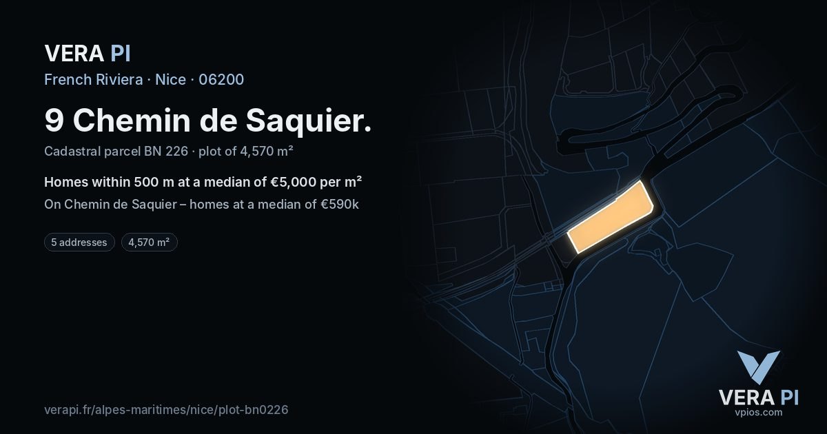 9 Chemin de Saquier, Nice at night – the plot lit, the parcels around coloured by the prices near them