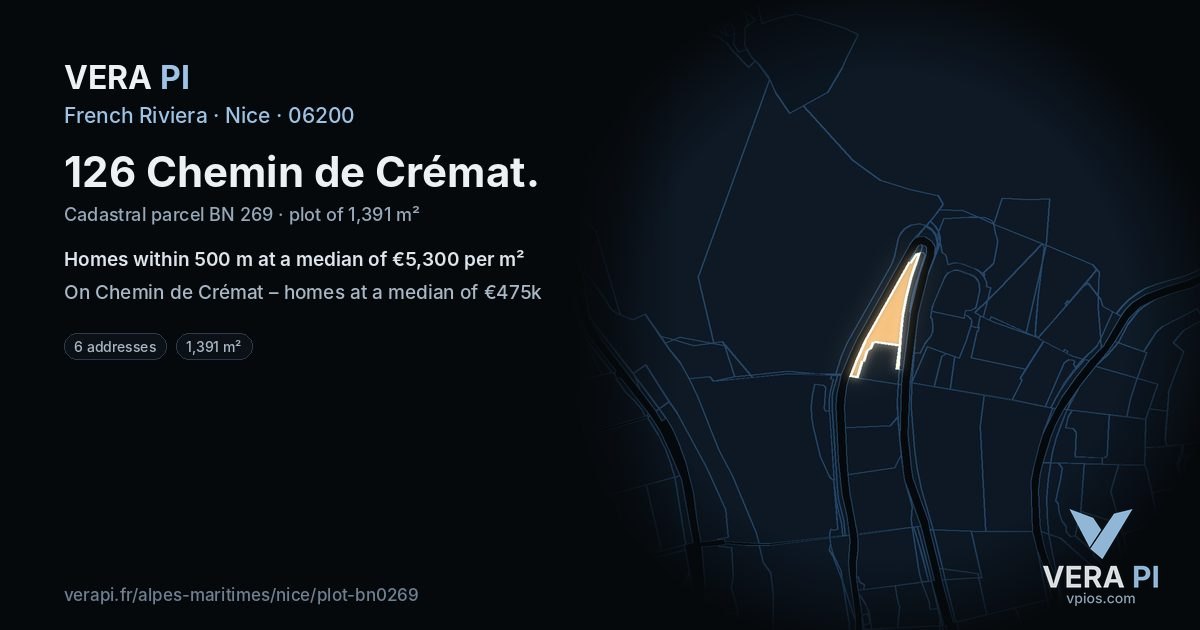 126 Chemin de Crémat, Nice at night – the plot lit, the parcels around coloured by the prices near them