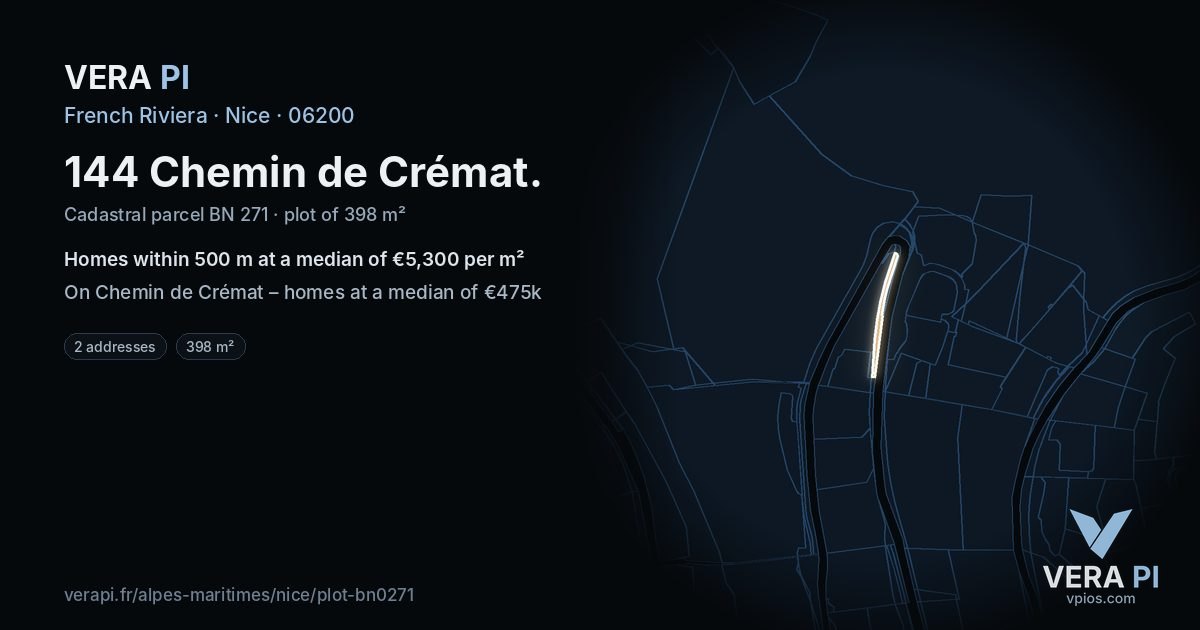 144 Chemin de Crémat, Nice at night – the plot lit, the parcels around coloured by the prices near them