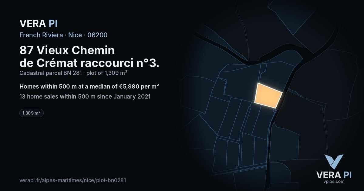 87 Vieux Chemin de Crémat raccourci n°3, Nice at night – the plot lit, the parcels around coloured by the prices near them