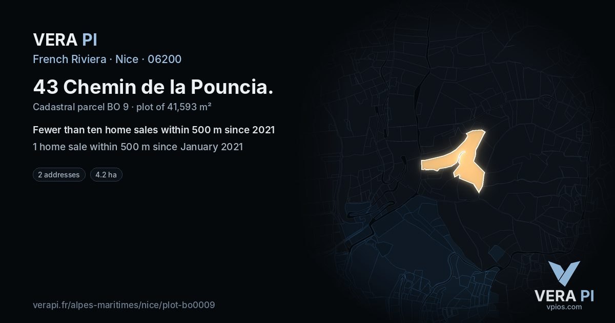 43 Chemin de la Pouncia, Nice at night – the plot lit, the parcels around coloured by the prices near them