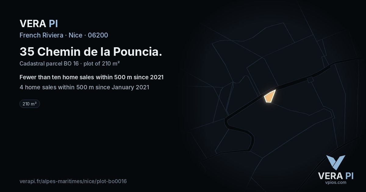 35 Chemin de la Pouncia, Nice at night – the plot lit, the parcels around coloured by the prices near them